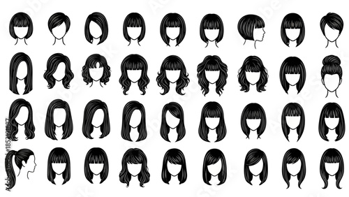 A comprehensive collection of diverse women's short, medium, and long hairstyles featuring various cuts, bangs, and textures, ideal for fashion, beauty, and salon design projects