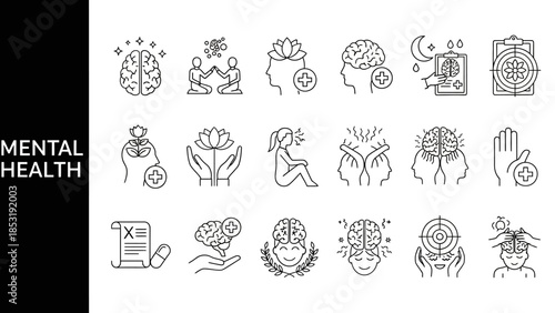 A comprehensive set of modern line icons depicting various aspects of mental health and emotional well-being, covering mindfulness, therapy, and cognitive balance