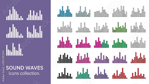 Colorful sound wave and audio equalizer icons collection, showcasing diverse graphic styles suitable for music visualization, podcasting, digital media, and modern UI designs