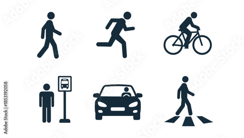 Set of icons representing various modes of transportation and human movement
