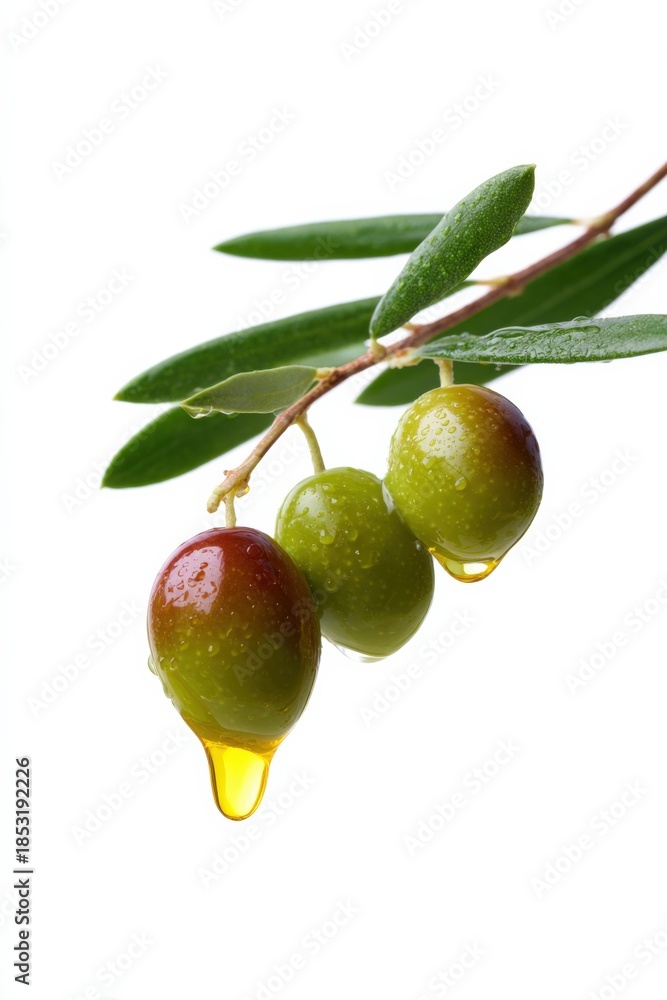 Obraz premium Fresh olives with leaves and dripping oil on white background