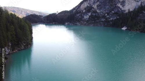 lake and mountains , drone shot lake braies italy