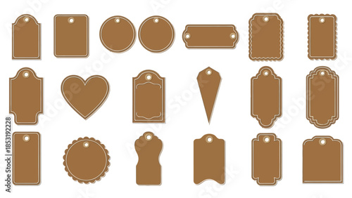 Versatile brown vector tags and labels collection for crafting unique price, gift, and branding designs, offering a variety of elegant blank shapes perfect for merchandising and decorative projects