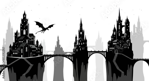 Silhouette of a Dragon Flying Over a Fantasy Castle Landscape.