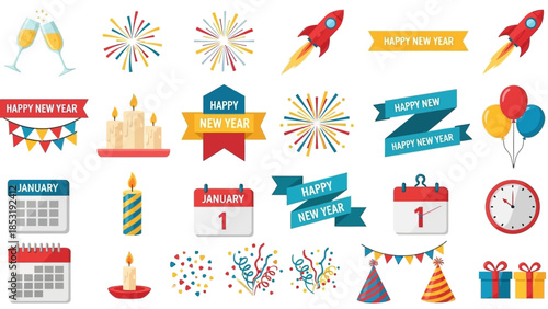 Comprehensive collection of vibrant New Year celebration vector icons, featuring festive elements like fireworks, champagne toasts, calendar countdowns, and party decorations for holiday designs