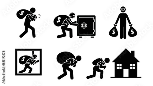 Robber carrying stolen money running towards house with safe and bags in various actions