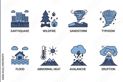 Natural Disasters and Extreme Weather Events A Comprehensive Icon Set Representing Earthquakes, Wildfires, Sandstorms, Typhoons, Floods, Heatwaves, Avalanches, and Volcanic Eruptions
