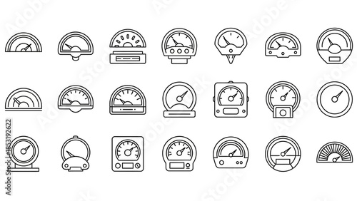A collection of various monochrome icons representing different gauges and meters on a white background, viewed from a straightforward perspective.