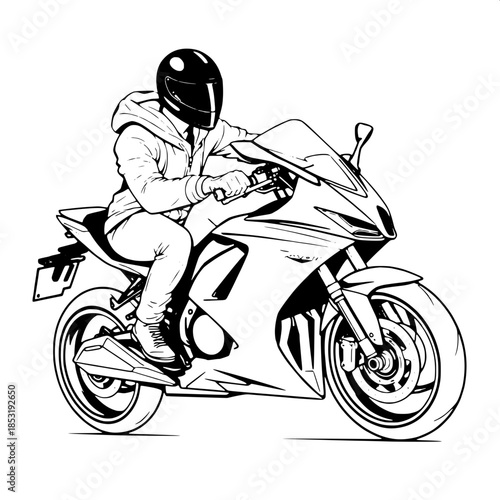 Clean technical sketch of a sleek sport motorcycle with a rider wearing a black helmet and a grey hoodie, hands firmly gripping the handlebars, graphic design aesthetic with bold lines, minimal shadin