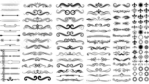 Collection of various decorative elements and swirls in black and white