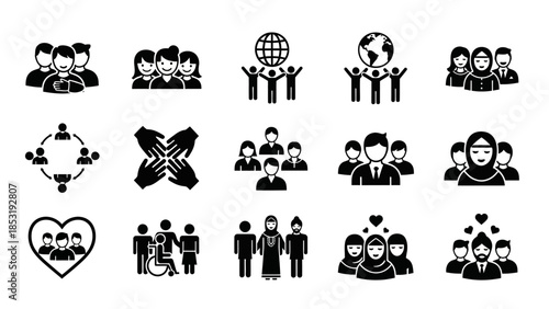 Diverse community icons representing global unity and social connections in a simple illustration style