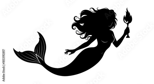 Silhouette of a Mermaid Holding a Torch in the Dark.