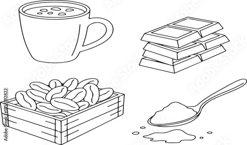 Coffee mug with hot beverage, chocolate bars, coffee beans, and sugar on a spoon