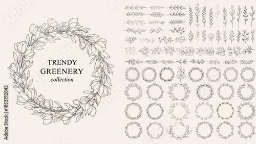 Greenery wreath collection with floral elements and decorative frames in a minimalist design