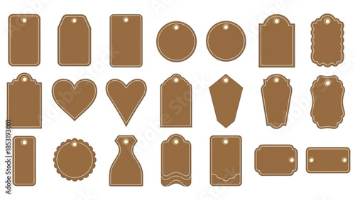 Collection of brown labels and tags in various shapes against a white background