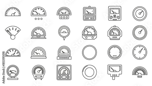 Various icons representing different gauges, clocks, and graphical user interface elements in a minimalist line art style on a white background.