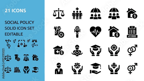 Collection of social policy icons representing various aspects of society and community
