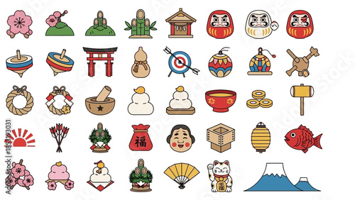 Collection of Japanese cultural icons and symbols displayed in a grid pattern