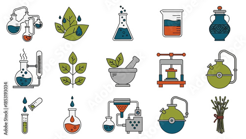 Scientific Laboratory Equipment and Botanical Elements Illustrated in a Clean White Environment from a Straight-On Viewpoint