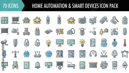 Collection of home automation and smart device icons displayed on a clean white background