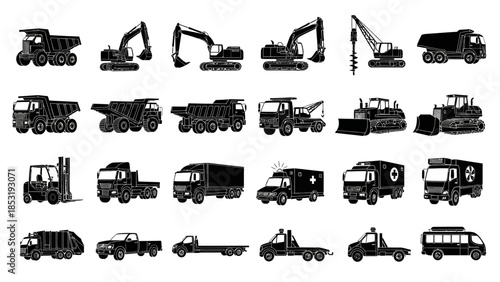 Collection of heavy machinery vehicles silhouetted against a white background