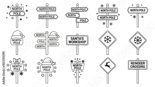 Collection of black and white illustration signs on poles against a white background