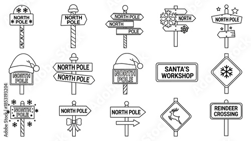 Various directional signs indicating North Pole and Santa's Workshop locations in a festive winter scene