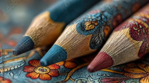 Close up of ornate colorful pencils on flower pattern with open coloring book beside, in high quality