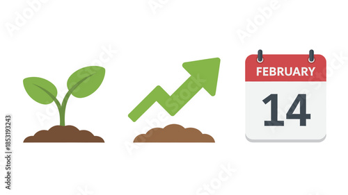Growing Plant with Green Arrow and Calendar on White Background in Flat Design with Bright Color for Valentines Day