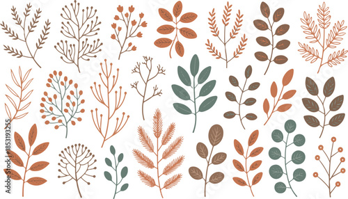 Collection of autumn leaves and branches in brown and green colors brown leaves green leaves