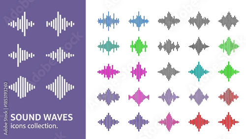 A collection of colorful sound wave icons displayed on a purple and white background