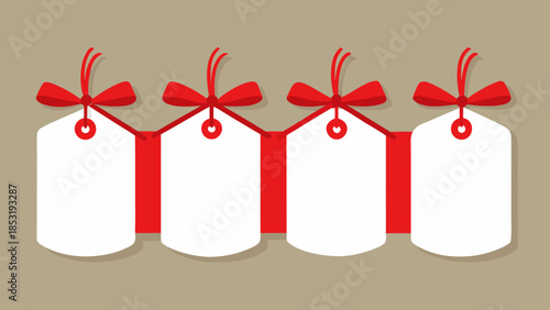 Four blank festive gift tags with red ribbons and bows against a muted brown background, perfect for any holiday season