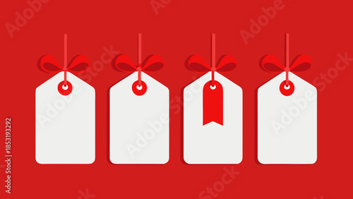 Four blank price tags with red ribbon bows hanging on a red background, perfect for sales promotions and retail offers