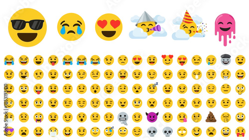 A diverse collection of emojis and emoticons displayed on a clean white background.