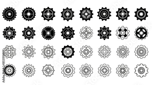 Collection of various black and white gear icons arranged in a grid pattern on a white background
