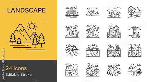 Aerial View of Mountains and Trees in a Landscape Scene with Editable Icons