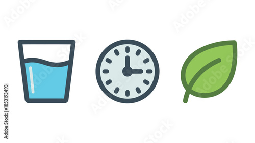 Hydration, Time, and Nature Symbols in Simple Flat Design with Pastel Colors for Health and Wellness