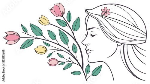 A whimsical gradient vector illustration for 'Hari Ibu' showcasing blooming flowers and flowing leaves forming the silhouette of a mother's face, utilizing lush gradients of springtime greens,