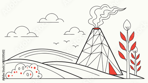 A stylized line art illustration of a smoking volcano in a minimalist landscape with hills, clouds, and abstract plants.