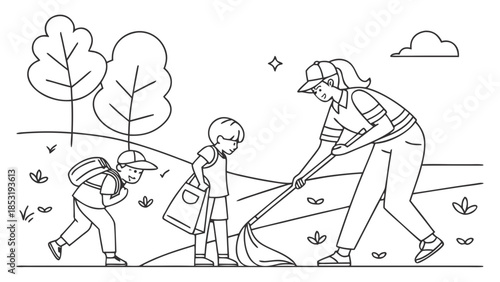 Black and white line drawing of a woman and two children cleaning up an outdoor park area, raking leaves and collecting trash.