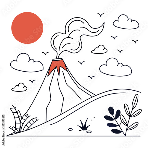 A simple line art illustration of a volcano erupting under a red sun with clouds and birds.