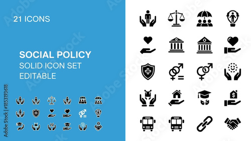 Collection of social policy icons in black and white, editable set, including symbols for law, education, and government.
