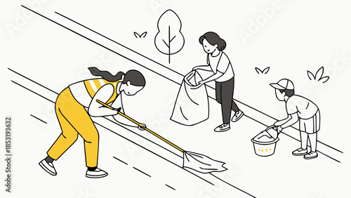 Three people, including a child, engaged in a community cleanup effort, sweeping and collecting trash outdoors.