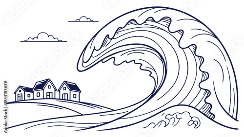 Minimalist vector art: A massive, curving wave rendered in simple shapes, about to crash onto a minimalist coastline with tiny, abstract houses. A serene, yet powerful scene with a dominant blue and w