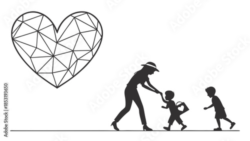 Minimalist vector design featuring a central abstract symbol, such as a stylized heart or an open hand, surrounded by simplified silhouettes of children and parents. This represents the core values of