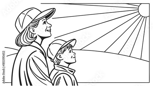 Minimalist vector art showing an adult figure gently interacting with a child, perhaps offering a helping hand or a small item, with other children and parents subtly in the background. The design emp