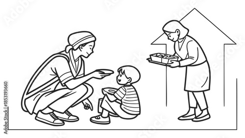 A woman kneels to feed a young child while another woman stands holding a tray of baked goods, depicting care and domestic life.