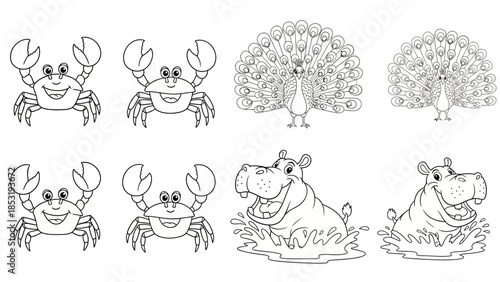 Illustration of cartoon animals including crabs, a peacock, and hippos in a simple line art style