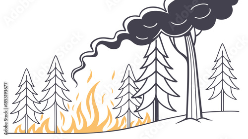 Hand-drawn illustration of a forest fire with trees burning and thick black smoke rising into the sky.