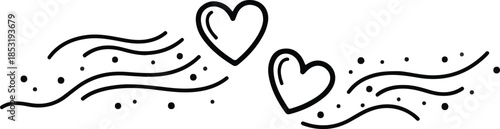 Two hearts floating amidst flowing lines and dots in a simple illustration